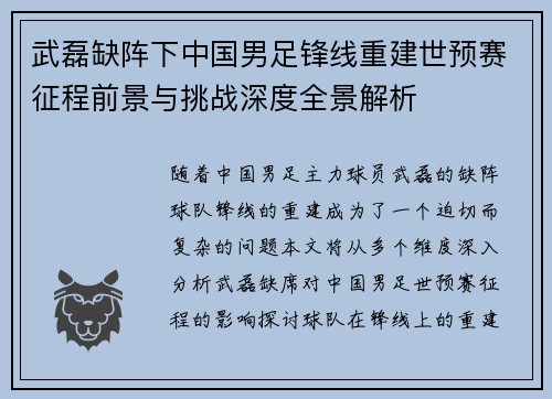 武磊缺阵下中国男足锋线重建世预赛征程前景与挑战深度全景解析